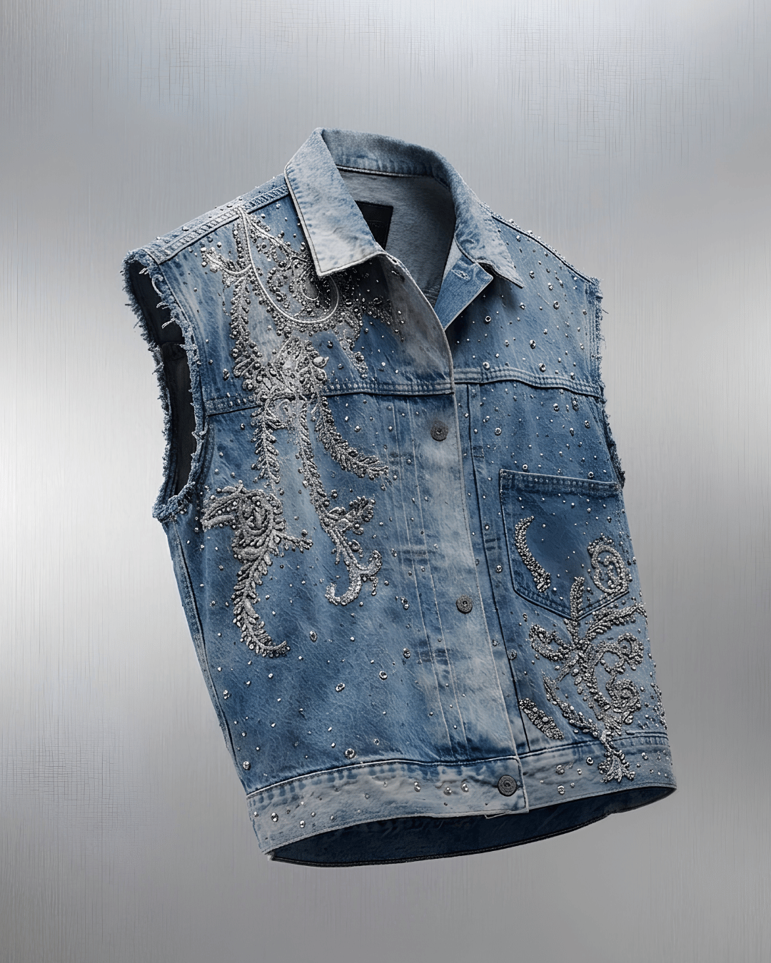 Sleeveless Studded Denim Jacket with Silver Handwork Embroidery