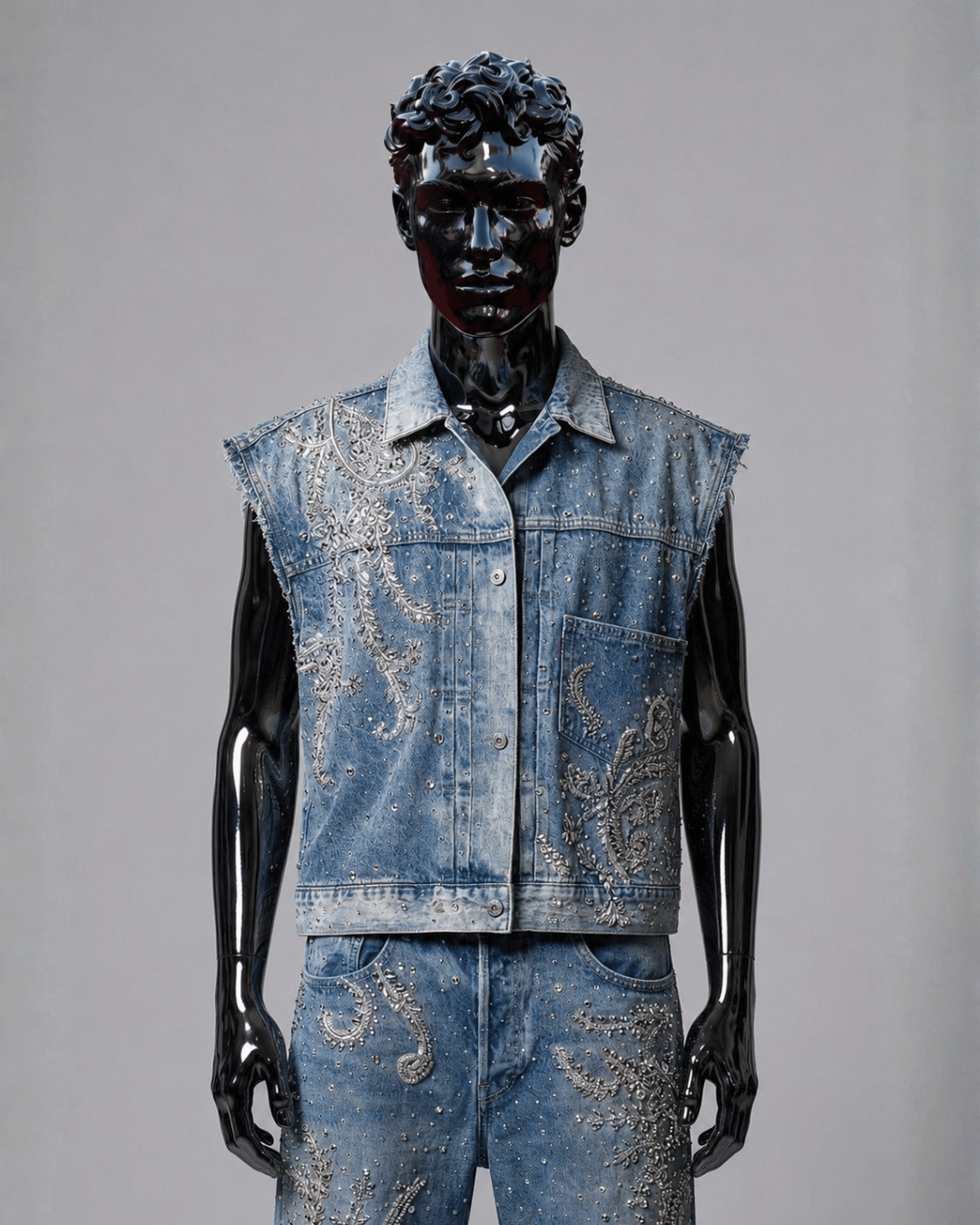 Sleeveless Studded Denim Jacket with Silver Handwork Embroidery
