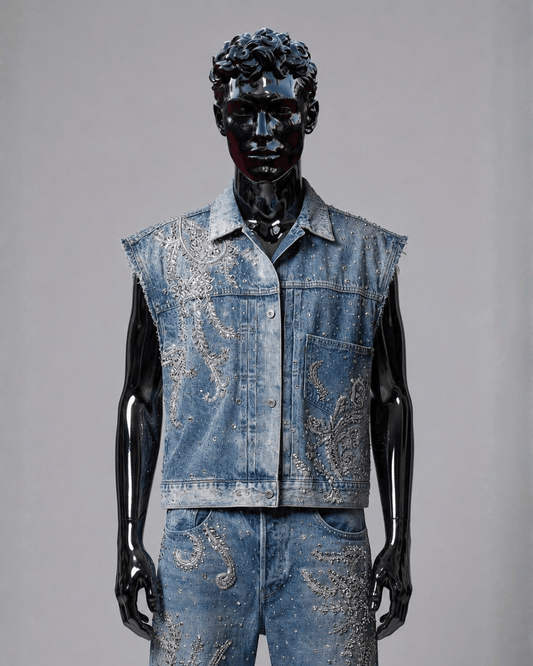Sleeveless Studded Denim Jacket with Silver Handwork Embroidery