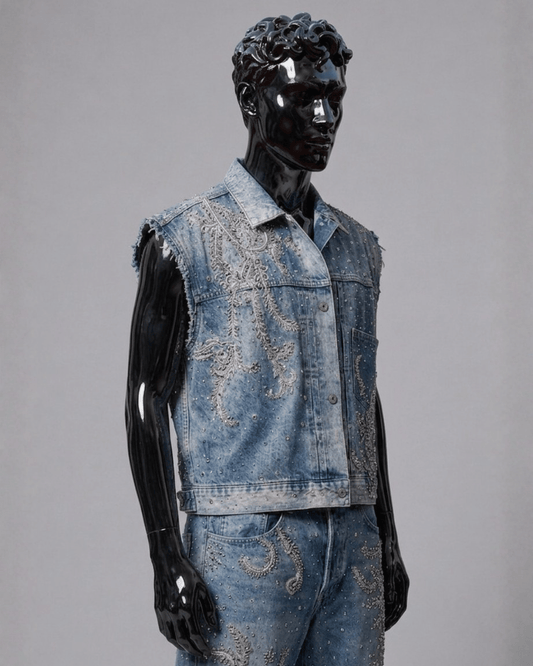 Sleeveless Studded Denim Jacket with Silver Handwork Embroidery