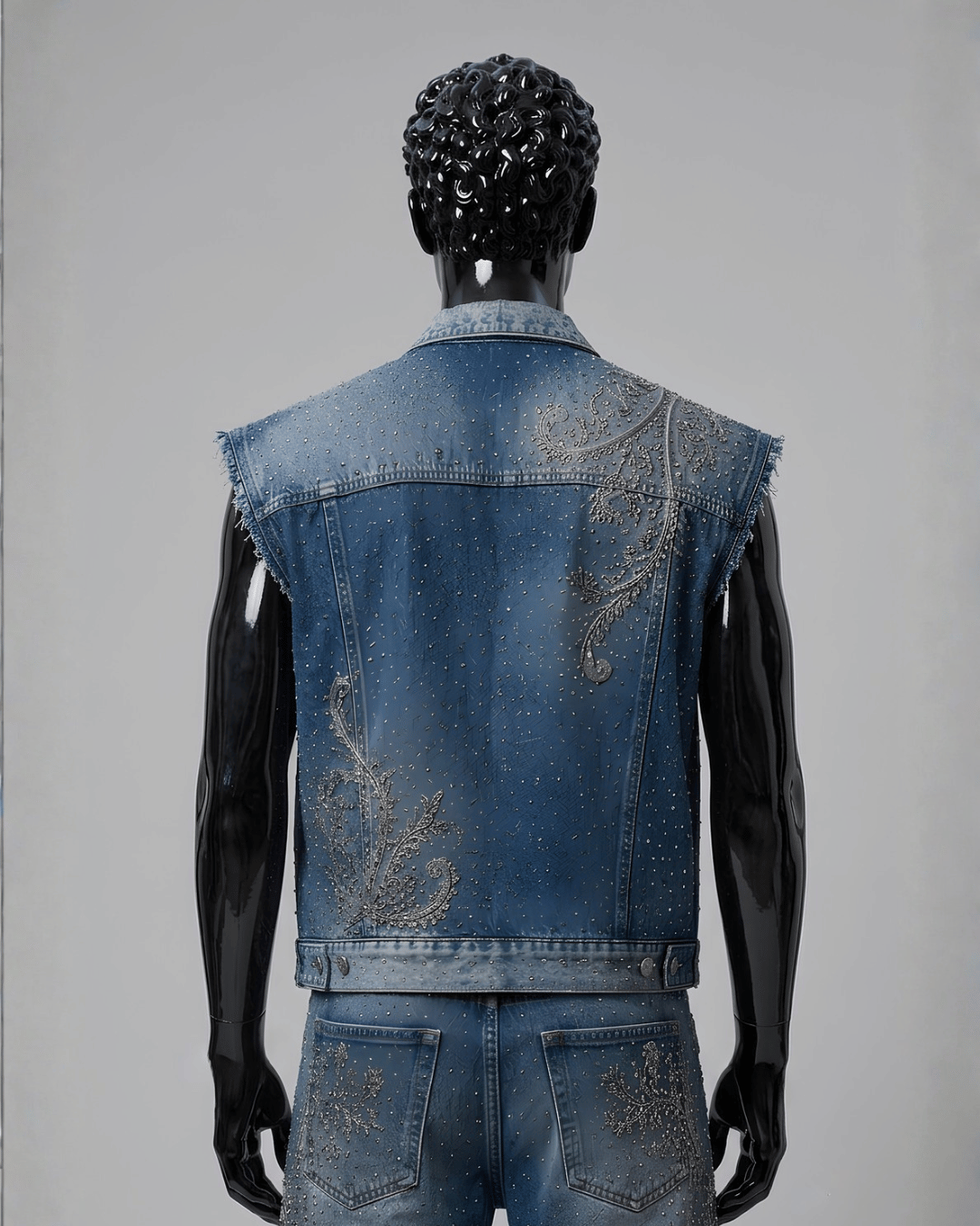 Sleeveless Studded Denim Jacket with Silver Handwork Embroidery