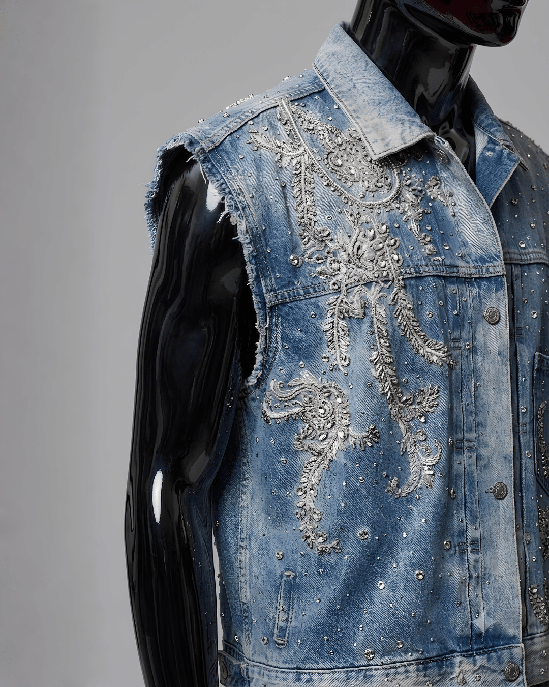 Sleeveless Studded Denim Jacket with Silver Handwork Embroidery